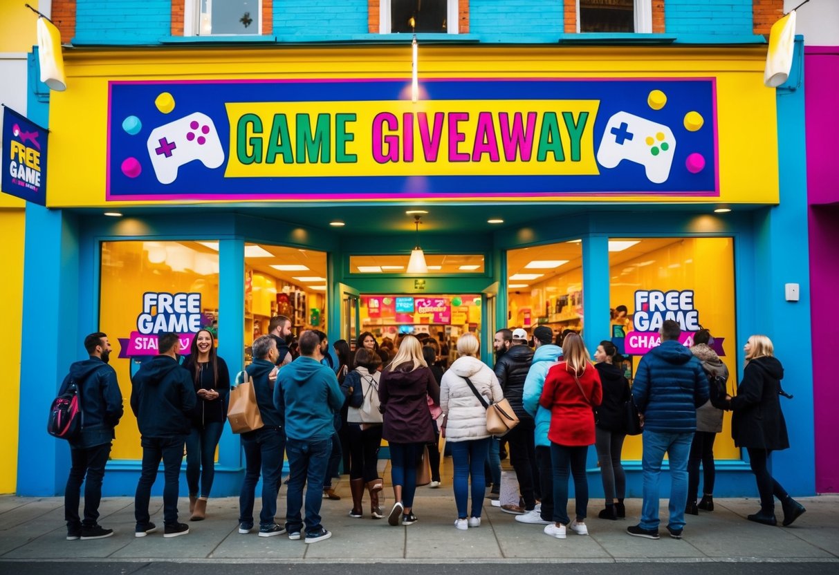 A colorful storefront with a large "Free Game Giveaway" banner. A line of excited customers waits to enter. Bright lights and a festive atmosphere