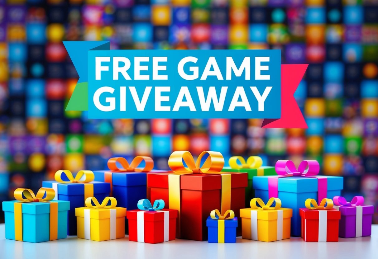 A colorful display of video game icons and gift boxes, with a prominent "Free Game Giveaway" banner