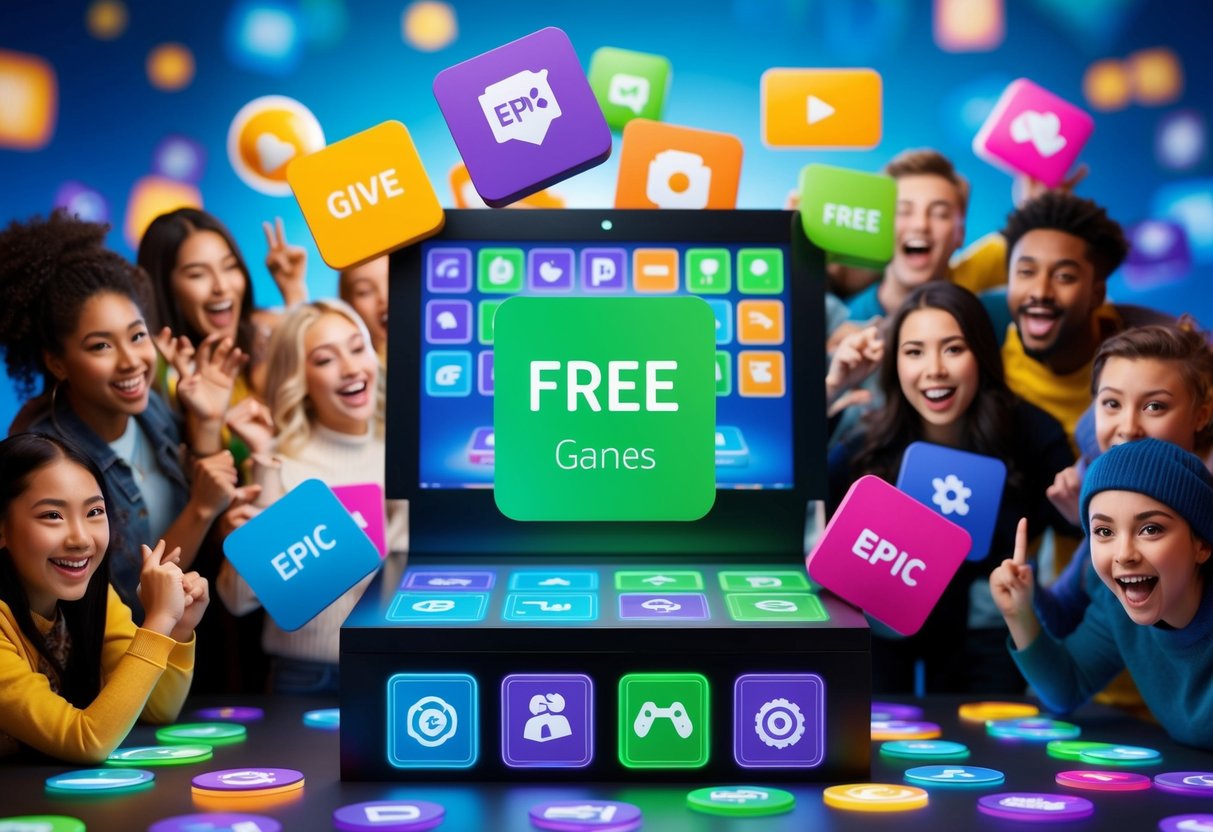 A colorful display of virtual game icons being given away for free on the Epic Games Store, surrounded by excited digital characters